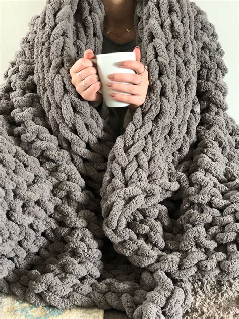 Handmade Chunky Knit Blanket Soft Chenille Throw Dark Grey Etsy