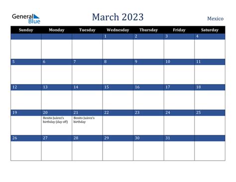 Mexico March 2023 Calendar With Holidays