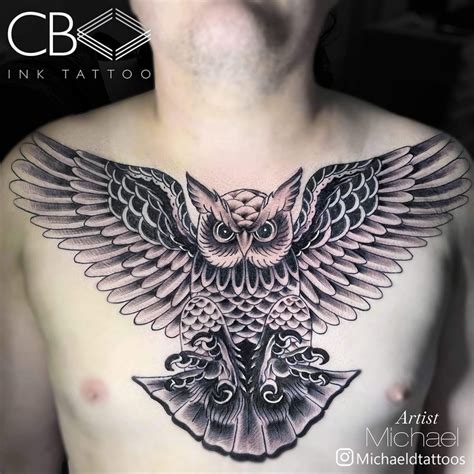 Traditional Owl Chest Tattoo