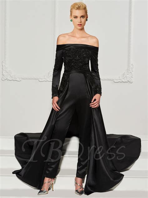 Beading Long Sleeves Evening Jumpsuits With Train Black Lace Evening Dress Lace Evening