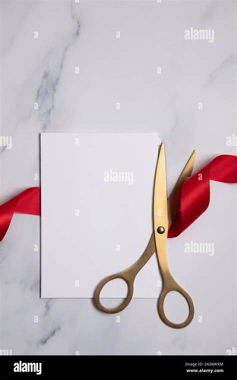Grand Opening Background Gold Scissors With Red Ribbon On A Marble