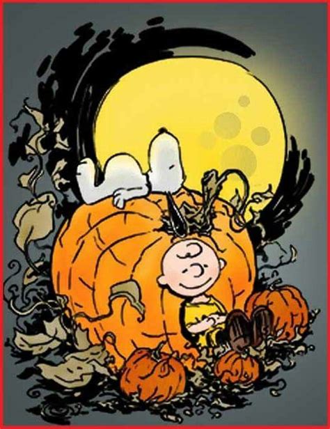 Charlie Brown And Pumpkins With The Moon In The Background