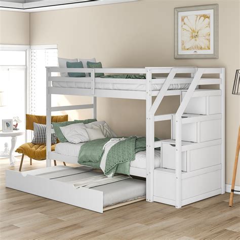 Solid Wood Twin Over Twin Stairway Bunk Bed With Twin Size Trundle And