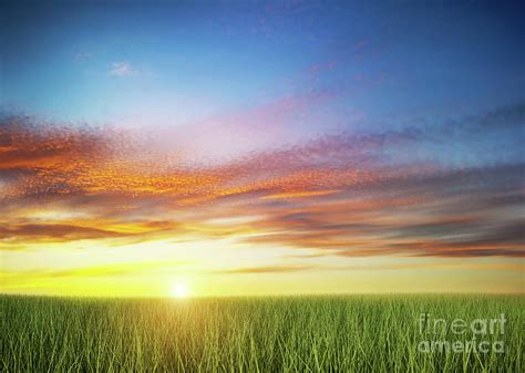 green grass field under colorful sunset sky photograph by michal bednarek pixels