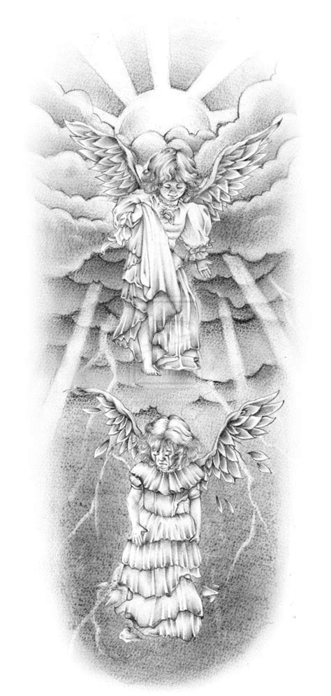 Good And Bad Grey Ink Angels In Under Sun Rays Tattoo Design