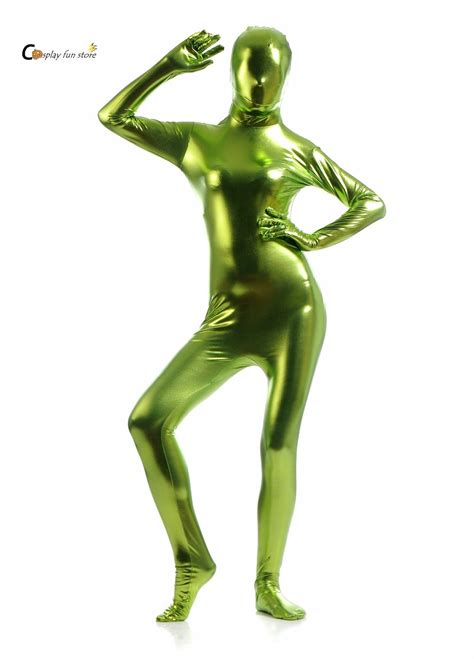 2018 Free Shipping Bodysuit Metallic Shiny Grass Green Women S Unitard Catsuits Metallic Footed