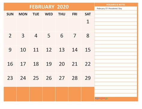 February 2020 Calendar With Holidays Free Printable