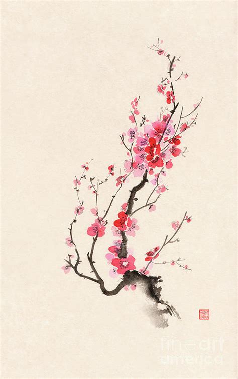 Fine Art Sumi E Painting Of Japanese Plum Tree Blossom Or Sakura
