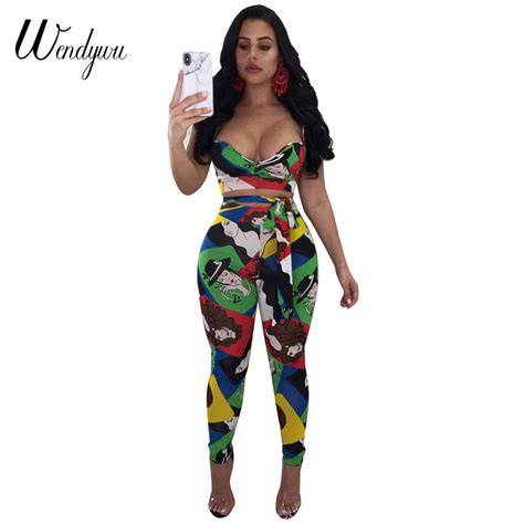 Wendywu Printed Jumpsuits Strap V Neck Backless Sexy Bodycon Jumpsuit
