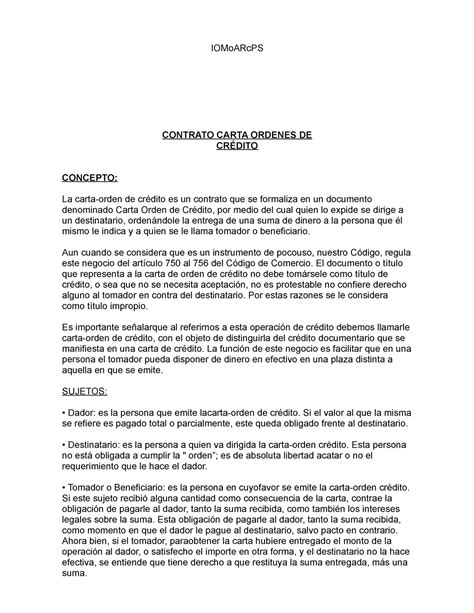 Resumen Contrato carta ordenes de credito lOMoARcPS CONTRATO CARTA ORDENES DE CRÉDITO CONCEPTO