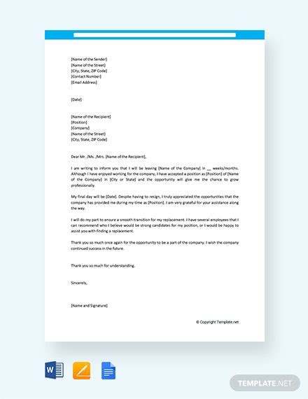 Free Resignation Letter With Reason For Leaving Template Word