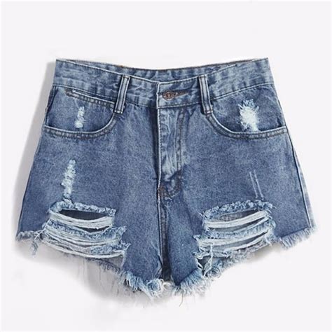 Brand Vintage Ripped Hole Fringe Blue Denim Shorts Women Casual