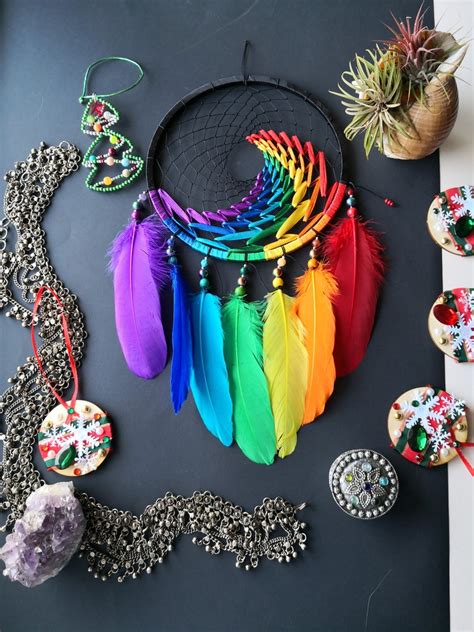 Rainbow Dream Catcher Colorful Handmade Traditional Feather Etsy