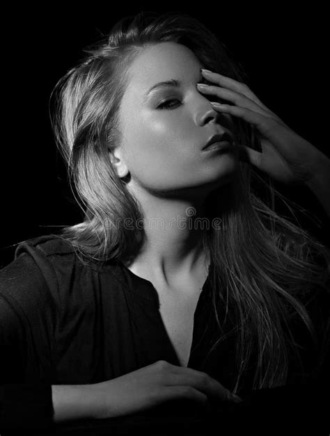 Haughty Glamour Female Model With Long Blond Hair Posing In Stock Image Image Of Lips Dark