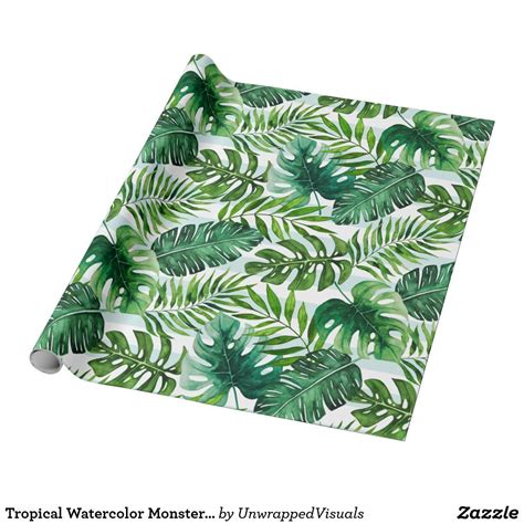 Tropical Watercolor Monstera And Palm Leaves Wrapping Paper Wrapping