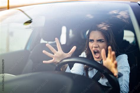 Stressed Woman Driver Sitting Inside Her Car Angry Female Driver