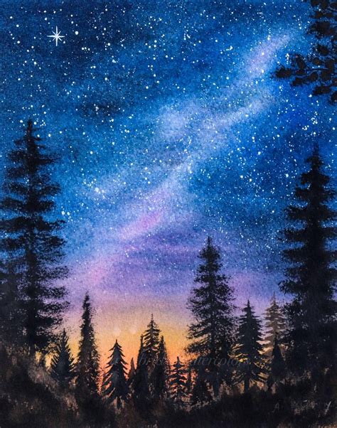 A Painting Of Trees And The Night Sky With Stars In The Sky Over Them