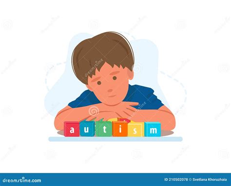 Close Up Portrait Of Toddler Autistic Boy With Word Autism On Wooden