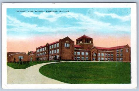 1920s Freeport High School Illinois Red Brick Building Vintage