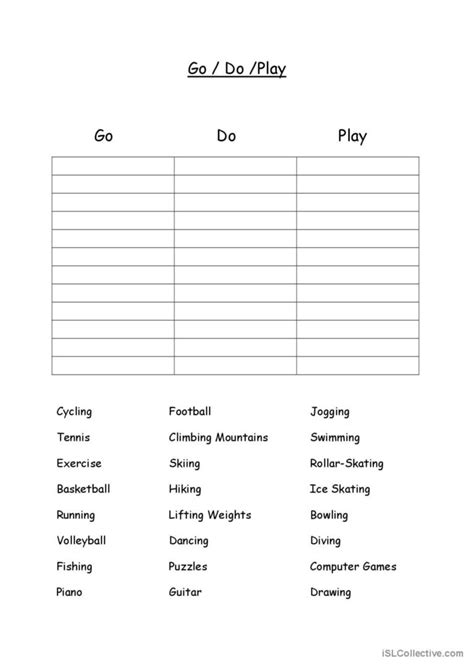 Go Do Play For Sports And Hobbies English Esl Worksheets Pdf And Doc