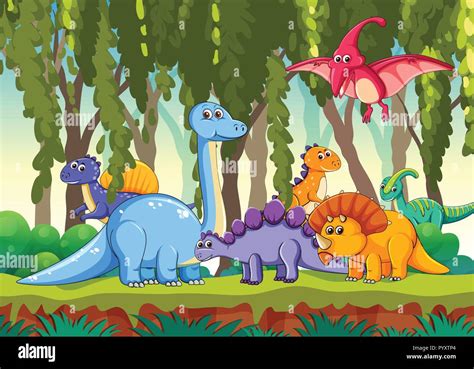 Different Dinosaur In Forest Illustration Stock Vector Image And Art Alamy