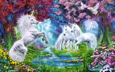 Horned White Horse Fantasy Art Blooming Trees Flowers Pigeon River
