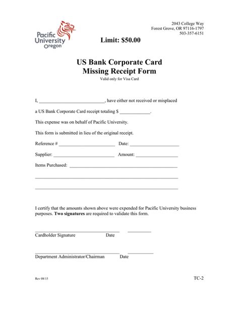 Check spelling or type a new query. US Bank Corporate Card Missing Receipt Form Limit: $50.00