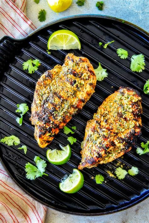 In a medium bowl, combine cilantro, 2 tablespoons olive oil, lime juice, lime zest, chili powder, cumin, salt and pepper. Skillet OR Grilled JUICY Cilantro Lime Chicken (Marinade)