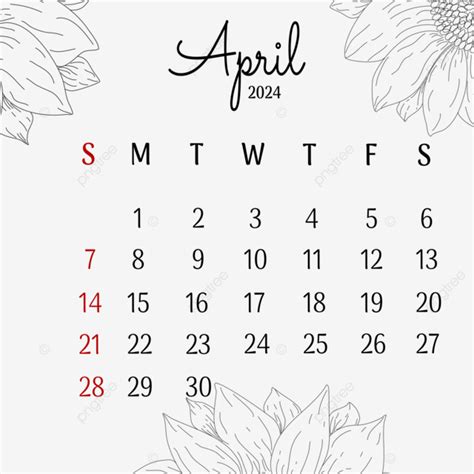 Calendar April 2024 With Aesthetic Flowers Vector Calendar April 2024