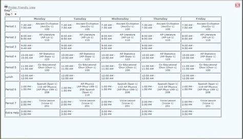 High School Class Schedule Example Awesome High School Class Schedule