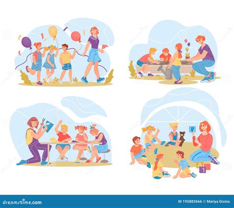 Set Of Preschool Or Kindergarten Kids Activities Vector Illustration