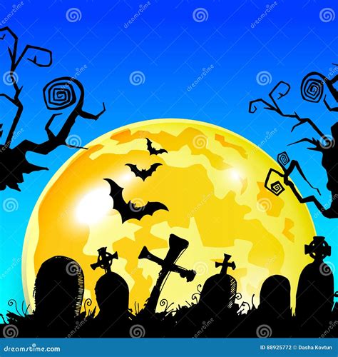 Halloween Cemetery Moonlight Landscape Illustration Night Vec Stock