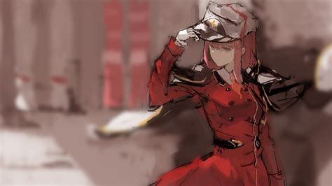 Darling In The Franxx Zero Two Wearing Red Dress And Brown Hat With Shallow Background 4k Hd