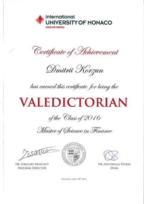 Ium Valedictorian Certificate