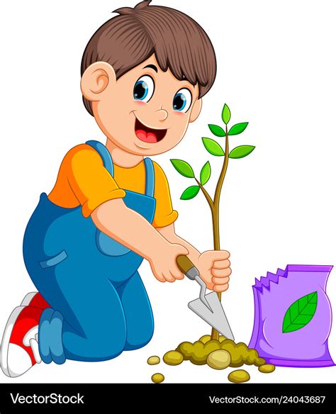 A Boy Planting A Green Young Plant With Fertilize Vector Image
