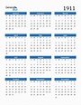 Free 1911 Calendars in PDF, Word, Excel