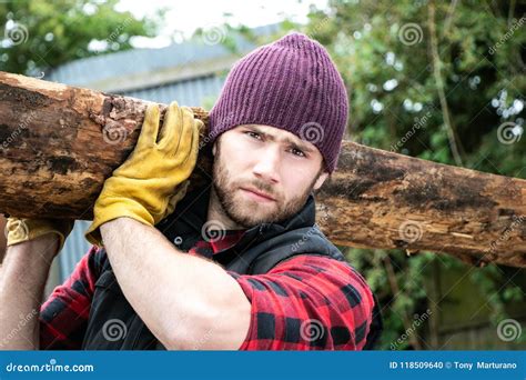 Handsome Male Lumberjack Carries Wood Log On His Shoulder Stock Photo