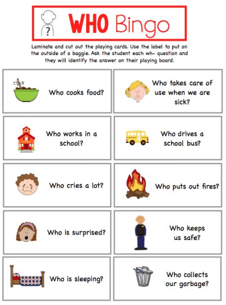 Most of these worksheets are pretty simple and should suit kindergarten or first grade readers. Wh- Question Bingo - The Autism Helper | Autism helper, Wh ...