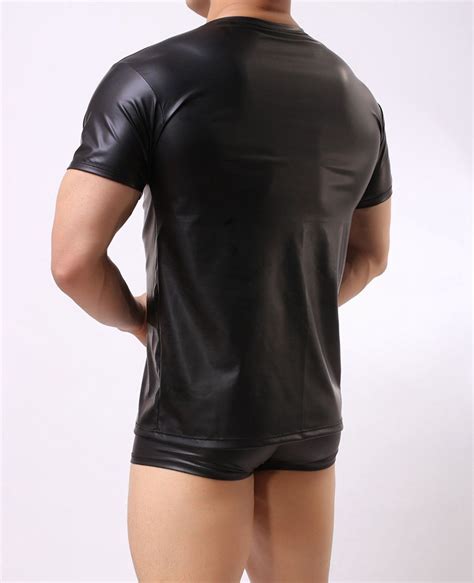 1pcs Cool Men Pu Faux Leather T Shirts Hot Sexy Club Dance Wear Light Standard Man T Shirt Cool
