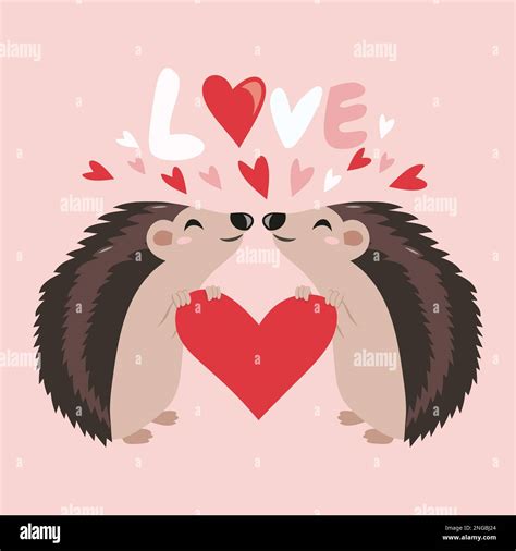 A Cartoon Vector Illustration Of Two Cute Hedgehogs Holding A Heart And