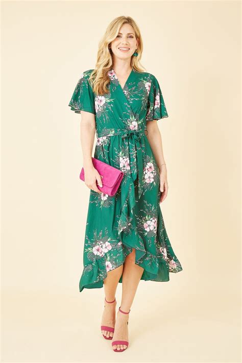 Mela Green Floral Dip Hem Wrap Midi Dress Mela