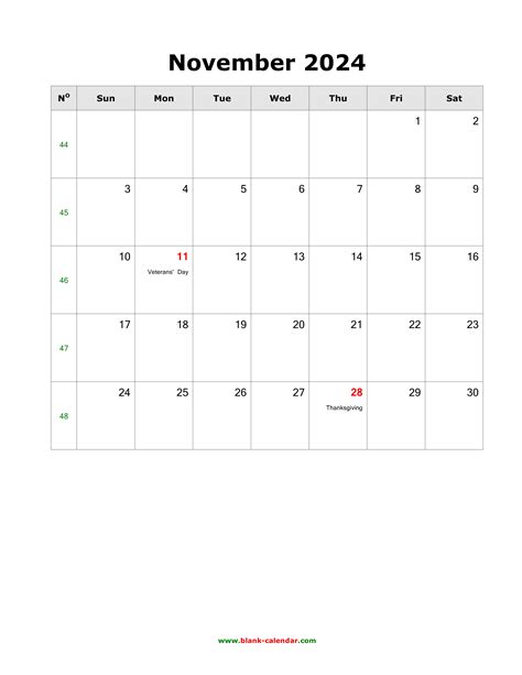 Download November 2024 Blank Calendar With Us Holidays Vertical