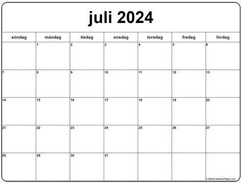Juli 2024 Kalender Svenska Kalender Juli