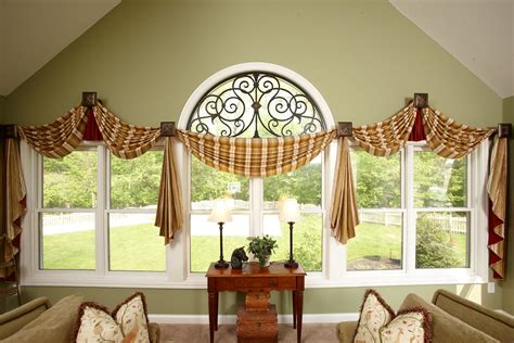 Sunroom Window Treatments With Swags Jabots And Faux Iron