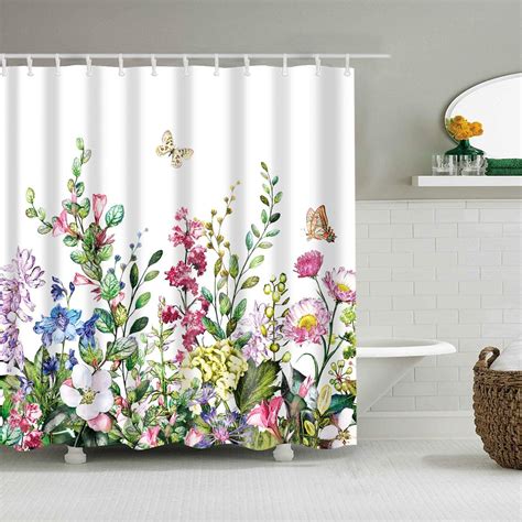 Floral Pattern Fabric Shower Curtain 120gsm Waterproof Polyester Fabric With Metal Hooks For