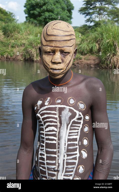 Surma Babe With Body Paintings Kibish Omo River Valley Ethiopia Stock