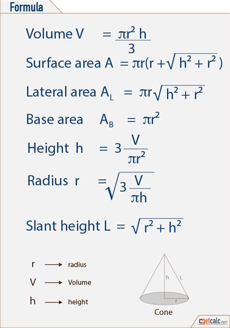Volume of a cone = 1/3 x pi x radius2 x height rearrange the formula: Basis 2D & 3D Geometry & Shapes Formulas - PDF Download