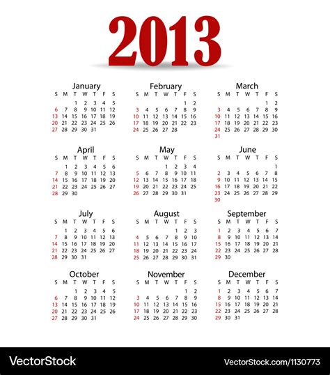 Simple 2013 Year Calendar Royalty Free Vector Image