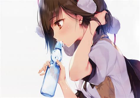 female anime character drinking water using bottle hd wallpaper wallpaper flare