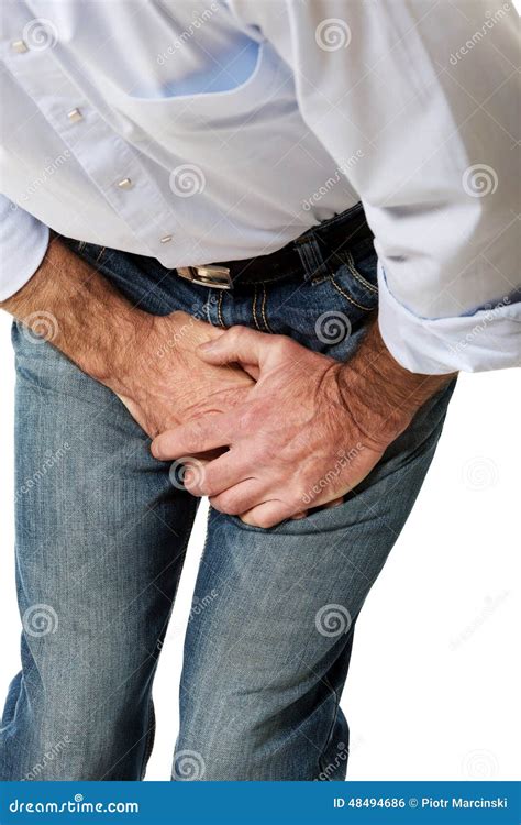 Close Up On A Man Covering His Painful Crotch Stock Photo Image 48494686